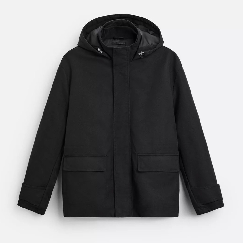Zara New Men’s Padded Hooded Parka Black Sz Large - Picture 2 of 14